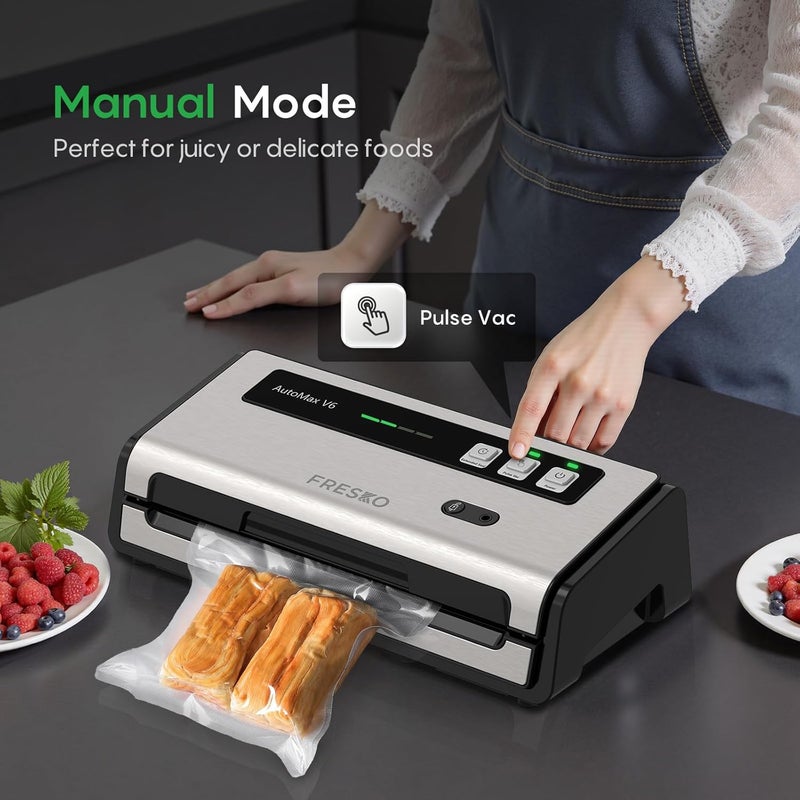 Fresko Food Vacuum Sealer with Automatic Bag Detection, Double Heat Seal, Built-in Bag Roll Storage & Cutter, 2 Rolls Bags, Starter Kit - Image 5